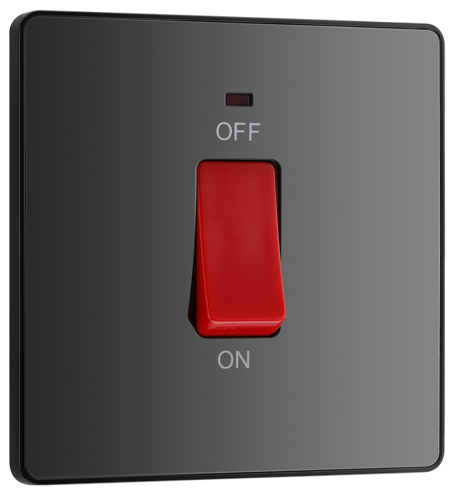 PCDBC74B Front - This Evolve Black Chrome 45A double pole switch with indicator from British General is ideal for use with cookers and ovens.