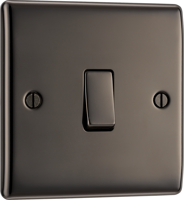 NBN12 Front - This black nickel finish 20A 16AX single light switch from British General will operate one light in a room.