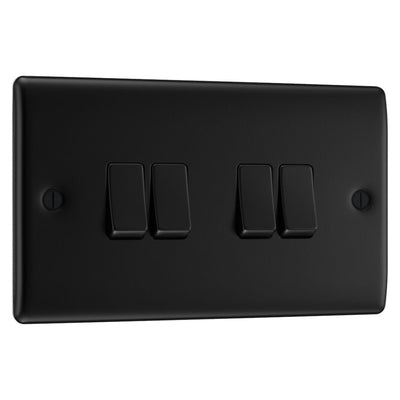 BG Nexus Matt Black 20A 16AX 2 Way Quadruple Light Switch NFB44 with 25mm Steel Back Box