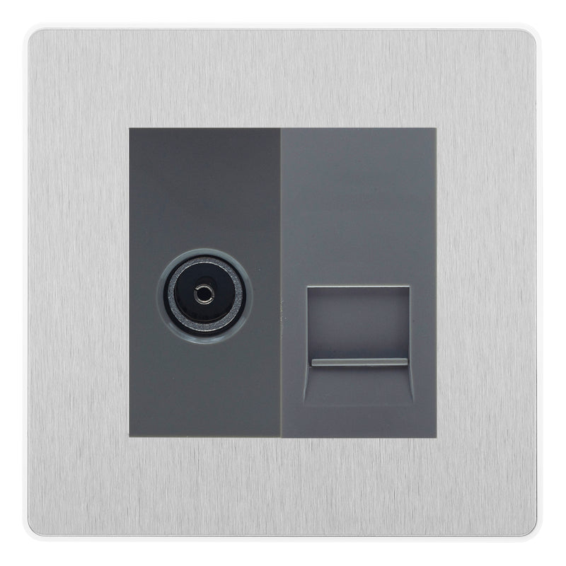 BG Evolve Brushed Steel TV Aerial & Master Telephone Socket — Grey Insert