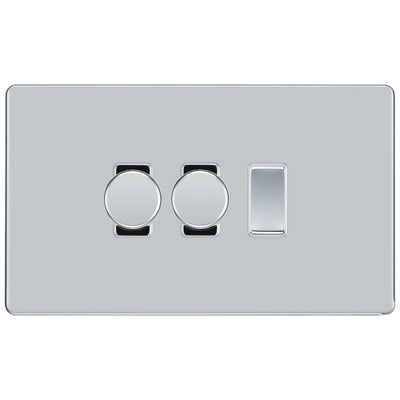 BG Polished Chrome Screwless Flat Plate 3 Gang Light Switch 2x Trailing Edge LED Dimmer 1x 2 Way Custom Switch by British General (SCREWLESS-PC-3G-CUSTOM-2x-DIMMER-1x-2Way)