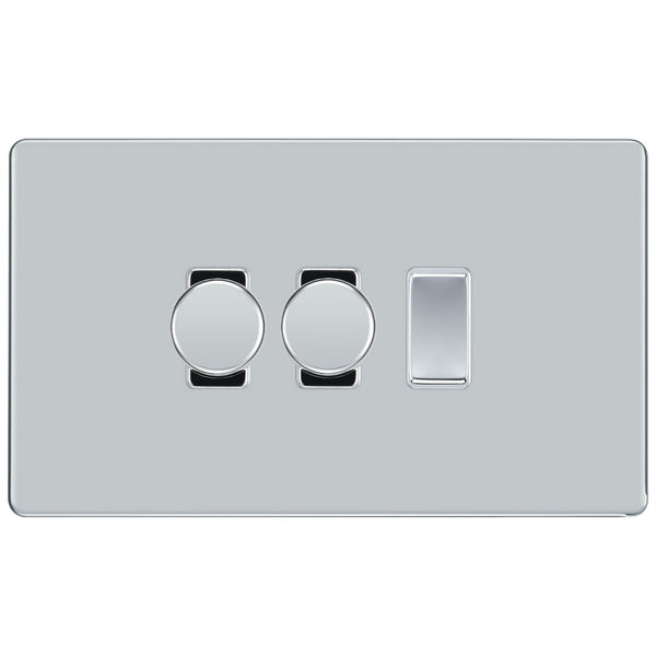 BG Polished Chrome Screwless Flat Plate 3 Gang Light Switch 2x Trailing Edge LED Dimmer 1x 2 Way Custom Switch