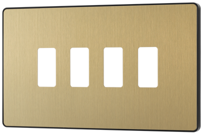 BG RPCDSB4B Evolve Grid Satin Brass 4 Module Rectangular Front Plate - Black Trim