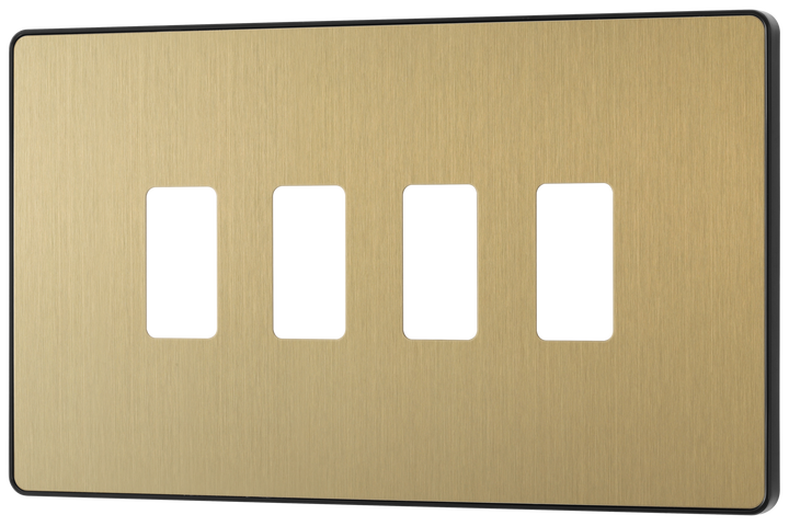 RPCDSB4B Front - The Grid modular range from British General allows you to build your own module configuration with a variety of combinations and finishes. This satin brass finish Evolve front plate clips on for a seamless finish, and can accommodate 4 Grid modules - ideal for switches and other domestic applications.