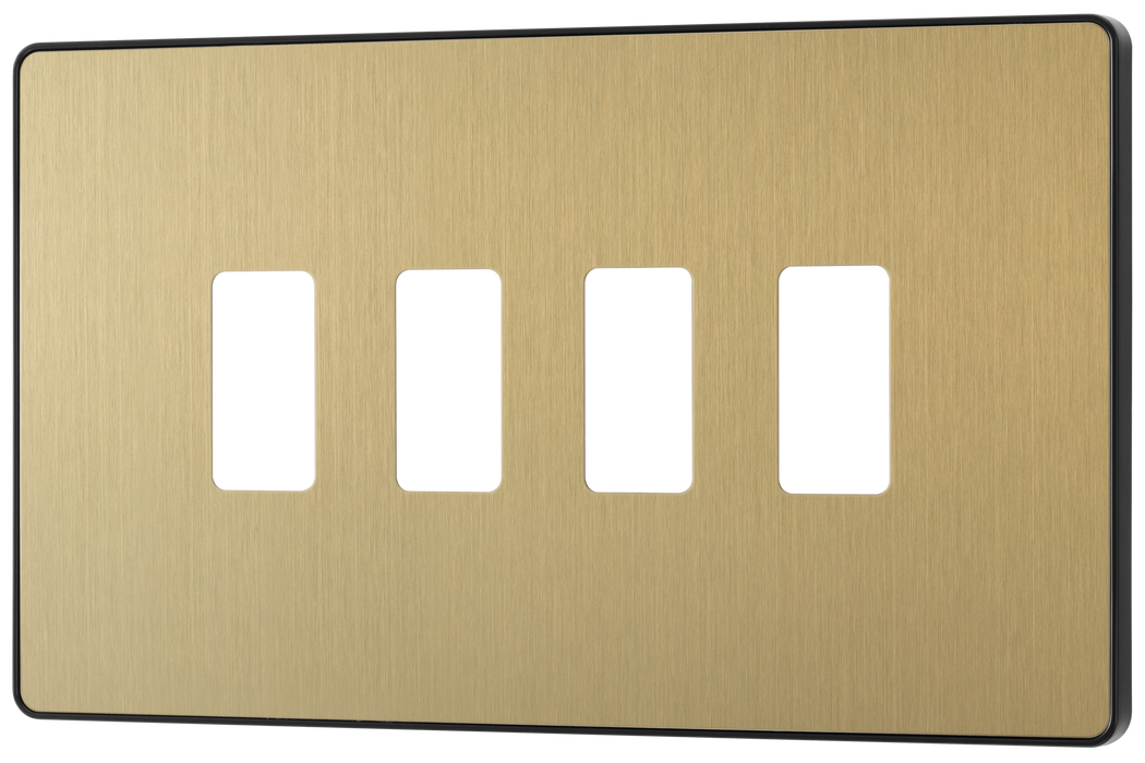 RPCDSB4B Front - The Grid modular range from British General allows you to build your own module configuration with a variety of combinations and finishes. This satin brass finish Evolve front plate clips on for a seamless finish, and can accommodate 4 Grid modules - ideal for switches and other domestic applications.