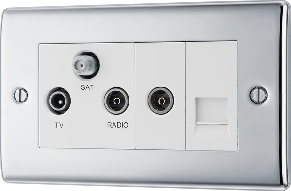 NPC68 Front - This screened Triplex socket from British General has an outlet for TV FM and satellite, plus a return and shuttered telephone socket.