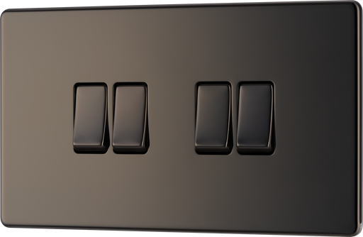 FBN44 Front - This Screwless Flat plate black nickel finish 20A 16AX quadruple light switch from British General can operate 4 different lights whilst the 2 way switching allows a second switch to be added to the circuit to operate the same light from another location (e.g. at the top and bottom of the stairs).
