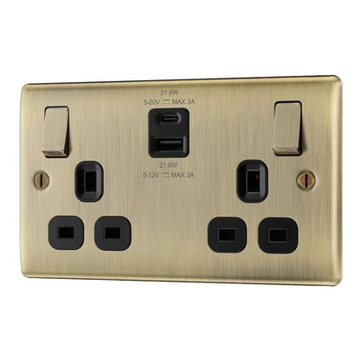 Antique Brass 13A 1x USB-A 1x USB-C Double Switched & Surface Pattress Back Box