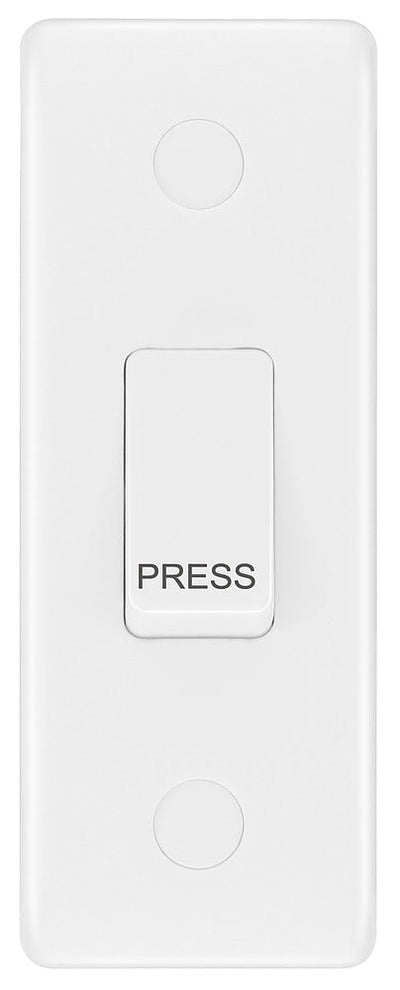 BG 849 White Round Edge 10A Single Architrave Switch marked PRESS 1 Way
