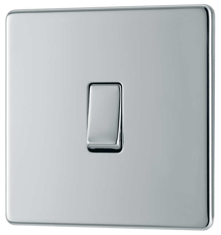 FPC13 Front - This Screwless Flat plate polished chrome finish 20A 16AX intermediate light switch from British General should be used as the middle switch when you need to operate one light from 3 different locations such as either end of a hallway and at the top of the stairs.