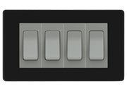 BG Electrical Screwless Matt Black 4-Gang Light Switch 3x 2-Way + 1x Intermediate – Grey Inserts by British General (BG-SCRL-FB-4G-Combo-1x INT-3x 2WAY-GR)