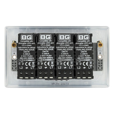 BG Nexus Polished Chrome 4 Gang 200W 2 Way Trailing Edge Push Type Dimmer Switch NPC84 with 35mm Steel Back Box