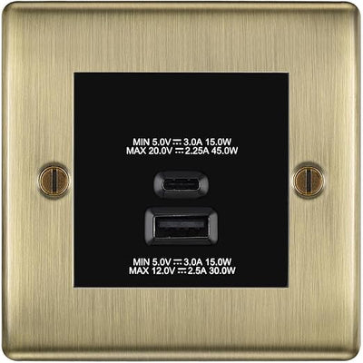 BG Nexus Antique Brass 45W USB Wall Socket Euro Module USB-A & C - Black Insert by British General (BG-NABEMS2+EMUSBAC45B)