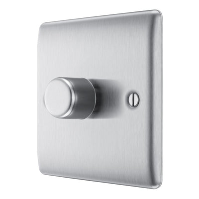 BG Nexus Brushed Steel 200W 2 Way Trailing Edge Single Dimmer Switch NBS81 with 25mm Steel Back Box