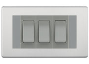 BG Brushed Steel Screwless 3G Switch 2x Intermediate 1X 2 Way Switch - Grey Insert by British General (BG-SCRL-BS-3G-Combo-1x 2WAY-2x INT-GR)