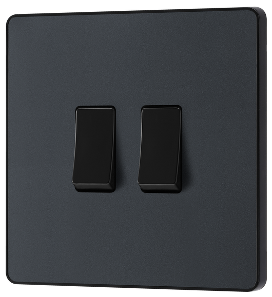 PCDMG42B Front - This Evolve Matt Grey 20A 16AX double light switch from British General can operate 2 different lights, whilst the 2 way switching allows a second switch to be added to the circuit to operate the same light from another location (e.g. at the top and bottom of the stairs).