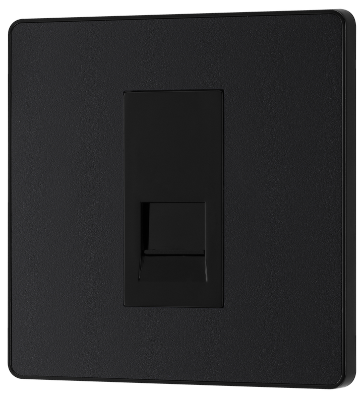 PCDMBBTS1B Front -  This Evolve Matt Black Secondary telephone socket from British General uses a screw terminal connection, and should be used for an additional telephone point which feeds from the master telephone socket. This socket has a low profile screwless flat plate that clips on and off, making it ideal for modern interiors.