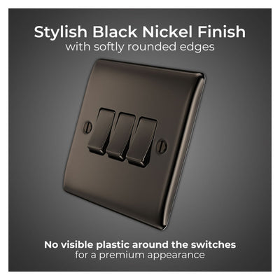 BG Nexus Black Nickel 20A, 16AX 2 Way Triple Light Switch NBN43 and 25mm Steel Back Box