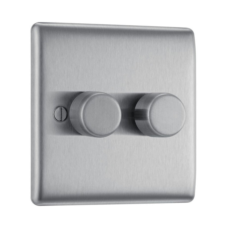BG Nexus Brushed Steel 200W 2 Way Trailing Edge Double Dimmer Switch NBS82 with 35mm Steel Back Box