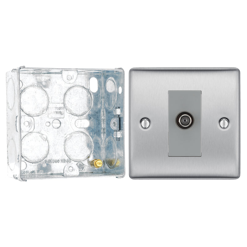 BG Nexus Brushed Steel Single Satellite Socket NBS64 with 35mm Steel Back Box