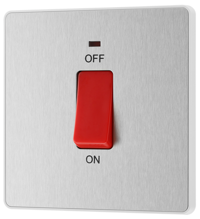 BG PCDBS74W Brushed Steel Evolve 45A 2 Pole LED Switch - White Insert