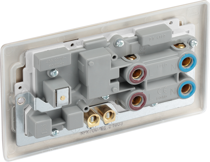 NPR70W Back -  This 45A cooker control unit from British General includes a 13A socket for an additional appliance outlet, and has flush LED indicators above the socket and switch.