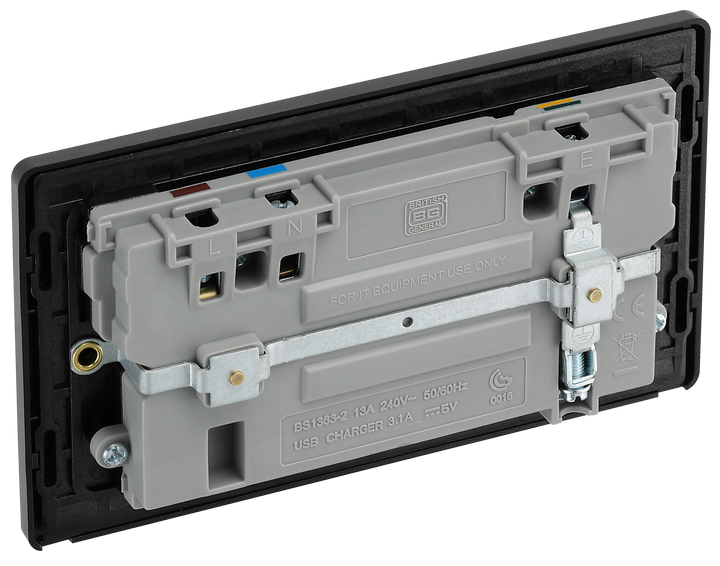 PCDSB22U3B Back - This Evolve Satin Brass 13A double power socket from British General comes with two USB charging ports, allowing you to plug in an electrical device and charge mobile devices simultaneously without having to sacrifice a power socket.
