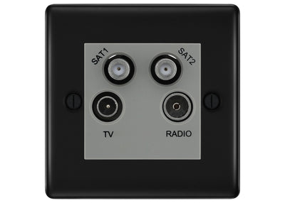 BG Nexus Matt Black TV/FM/2x SAT Quadplex Socket – Grey Insert by British General (BG-NFBTVFMSAT2G)
