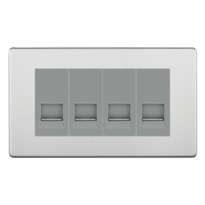 BG Screwless Brushed Steel 4 Gang Master Telephone Socket - Grey Insert