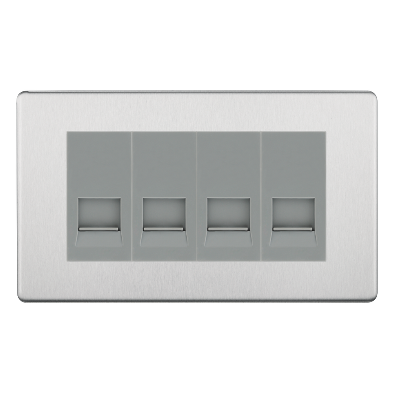 BG Screwless Brushed Steel 4 Gang Master Telephone Socket - Grey Insert
