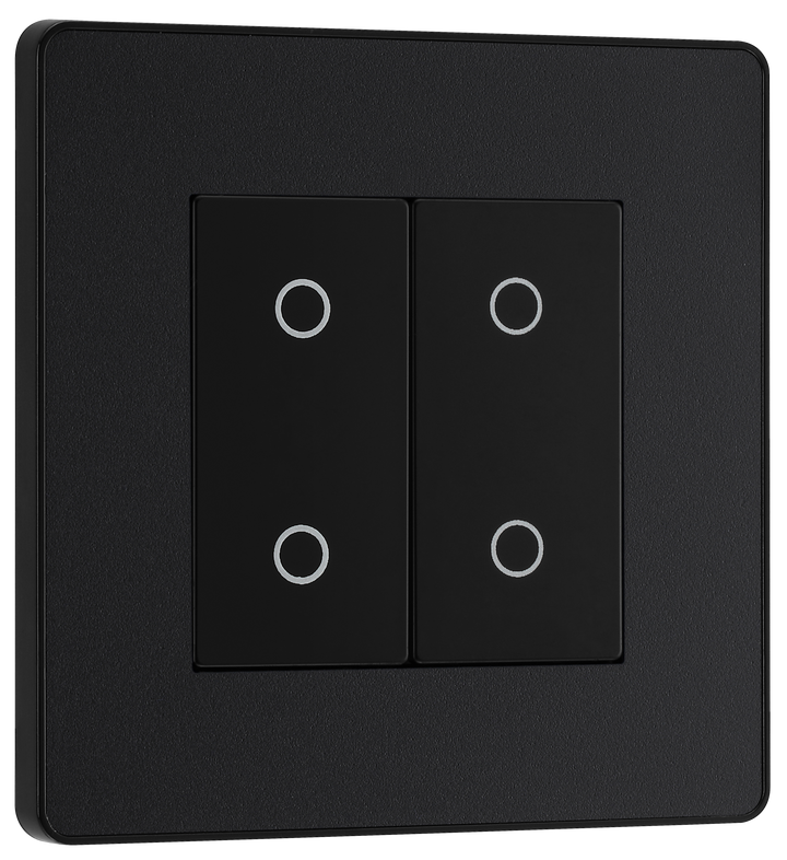 PCDMBTDM2B Front - This Evolve Matt Black double master trailing edge touch dimmer allows you to control your light levels and set the mood. The intelligent electronic circuit monitors the connected load and provides a soft-start with protection against thermal, current and voltage overload