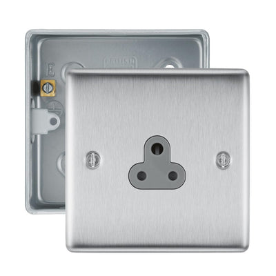 BG Nexus Brushed Steel 2A Unswitched Round Pin Socket with Surface Pattress Back Box by British General (BG-NBS28G+MC501)