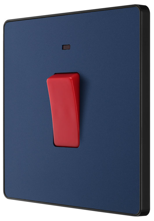 PCDDB74B Side -This Evolve Matt Blue 45A double pole switch with indicator from British General is ideal for use with cookers and ovens. This switch has a low profile screwless flat plate that clips on and off, making it ideal for modern interiors.