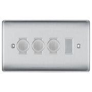 BG Brushed Steel 4 Gang Light Switch 3x Trailing Edge LED Dimmer 1x 2 Way Custom Switch by British General (NEXUS-BS-4G-CUSTOM-3x-DIMMER-1x-2Way)
