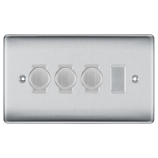 BG Brushed Steel 4 Gang Light Switch 3x Trailing Edge LED Dimmer 1x 2 Way Custom Switch