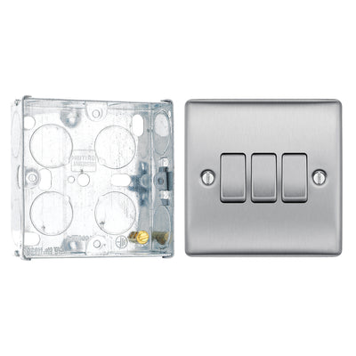 BG Nexus Brushed Steel 20A 16AX 2-Way Triple Light Switch NBS43 with 25mm Steel Back Box by British General (BG-NBS43+HGS02)
