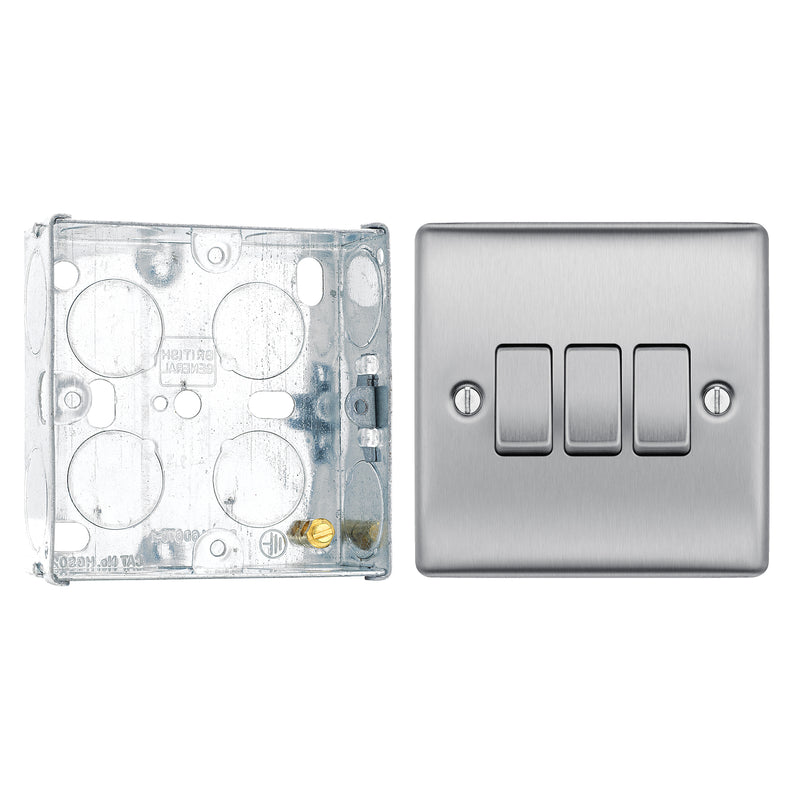 BG Nexus Brushed Steel 20A 16AX 2-Way Triple Light Switch NBS43 with 25mm Steel Back Box
