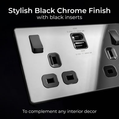 BG Evolve PCDBC22UAC45B 13A Double Switched Power Socket + USB A+C (45W) - Black Chrome