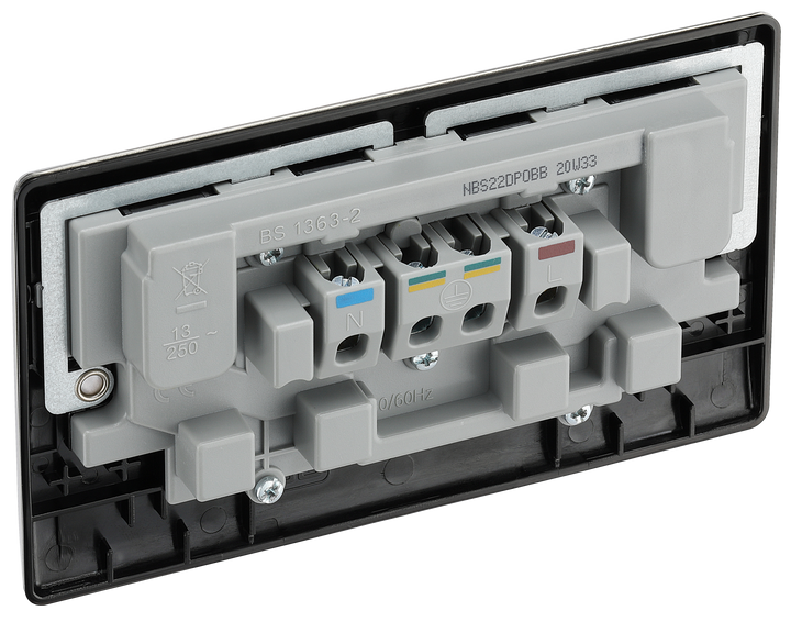 NBS22DPOBB Back - This 13A double switched socket from British General is double pole for additional safety, whilst the outboard rockers prevent inadvertently switching the wrong side off as they are not directly next to each other. This socket has a brushed steel finish with anti-fingerprint lacquer, a sleek and slim profile.