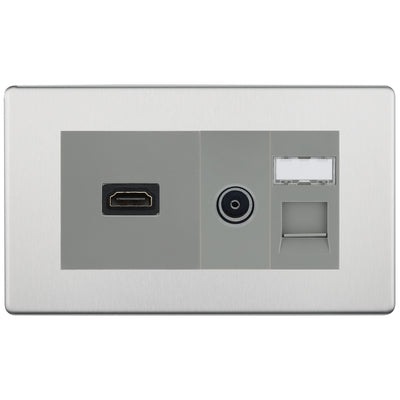 BG Screwless Brushed Steel Media Wall Plate TV Aerial, HDMI & CAT6 Outlet – Grey Insert by British General