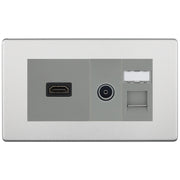 BG Screwless Brushed Steel Media Wall Plate TV Aerial, HDMI & CAT6 Outlet – Grey Insert by British General
