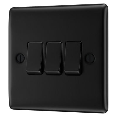 BG Nexus Matt Black 20A 16AX 2-Way Triple Light Switch NFB43 with 35mm Steel Back Box