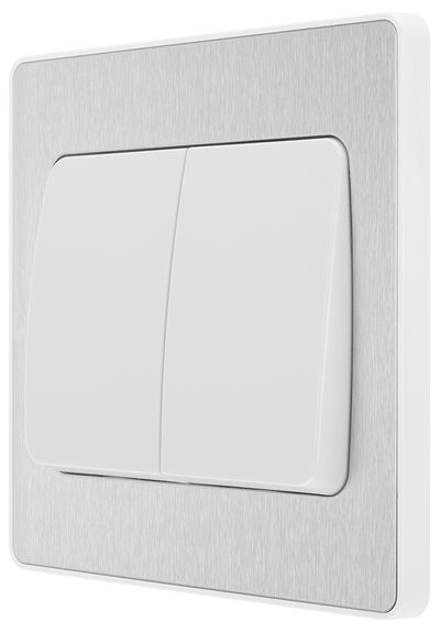 BG PCDBS42WW Brushed Steel Evolve 2 Gang 20A 16AX 2 Way Wide Rocker Light Switch - White Insert