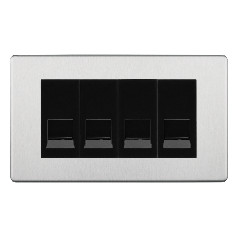 BG Screwless Brushed Steel 4 Gang Secondary Telephone Socket, Screw Terminal - Black Insert