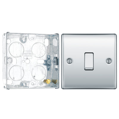 BG Nexus Metal Polished Chrome 20A 16AX Intermediate Light Switch NPC13 with 25mm Steel Back Box by British General (BG-NPC13+HGS02)