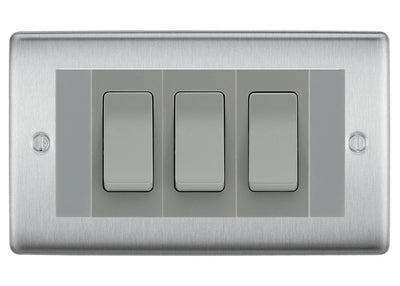 BG Nexus Brushed Steel 3G Switch 1x Intermediate 2x 2 Way Switch - Grey Insert by British General (BG-Nexus-BS-3G-Combo-2x 2WAY-1x INT-GR)