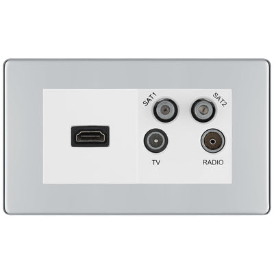 BG Screwless Polished Chrome 4G Faceplate with HDMI + TV/FM/SAT Module - White by British General (BG-FPCEMR4-HDMI-TVFM2W)