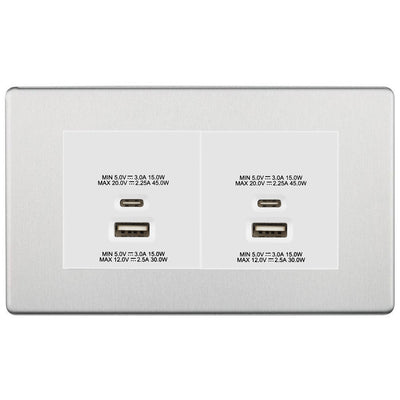 BG Screwless Brushed Steel 4G Faceplate with 45W USB A+C Charger Modules - White Insert by British General (BG-FBSEMR4+EMUSBAC45W)