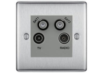 BG Nexus Brushed Steel TV/FM/2x SAT Quadplex Socket – Grey Insert by British General (BG-NBSTVFMSAT2G)