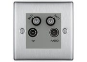 BG Nexus Brushed Steel TV/FM/2x SAT Quadplex Socket – Grey Insert by British General (BG-NBSTVFMSAT2G)